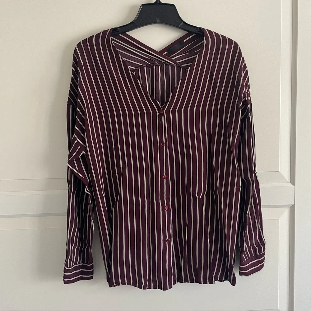 Indibrand Maroon Red White Striped Button Down Shirt Top 20442 - Picture 2 of 8